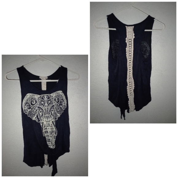 Moonchild Elephant Print Blue Tank Top Lace Back Insert Sleeveless Tie Front - Picture 1 of 15